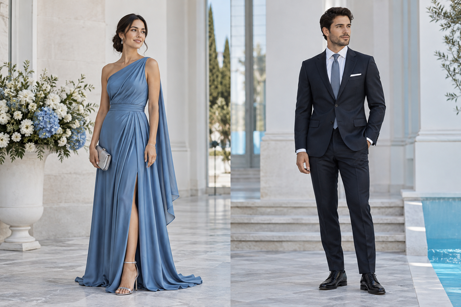 Referencias de vestimenta elegante: vestido de gala azul y traje oscuro con camisa blanca